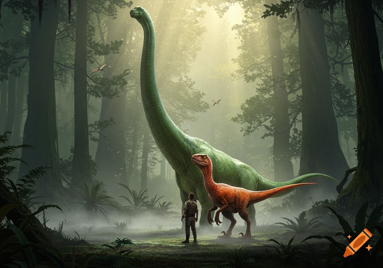 A large green long-necked dinosaur and an orange raptor stand with a man in a misty, sunlit forest.