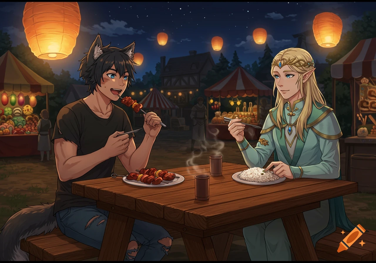 An anime wolf boy and elf prince eat at a picnic table at a nighttime medieval festival with glowing lanterns.