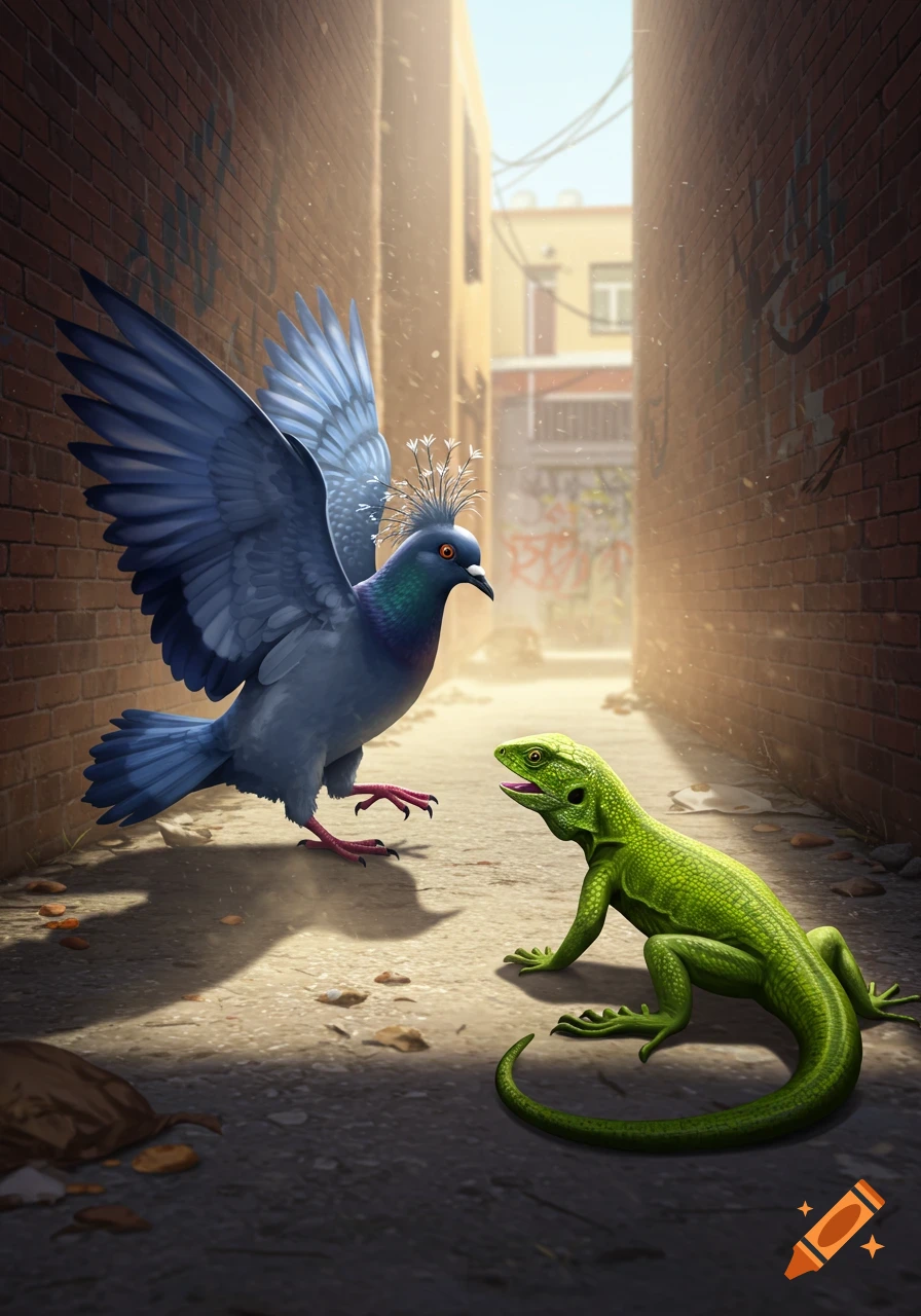 A blue pigeon with spread wings and a crown-like crest faces a green lizard in a sunlit alley with brick walls.