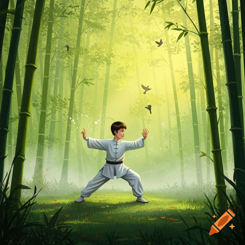 A young boy in white martial arts attire performs Tai Chi in a vibrant, sunlit bamboo forest with birds flying around him.
