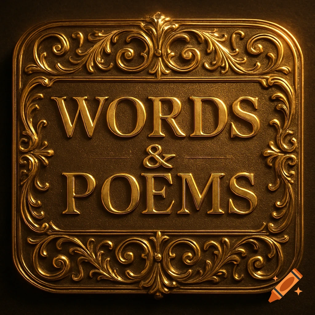 A gold metallic ornate emblem with the words WORDS & POEMS embossed on it.