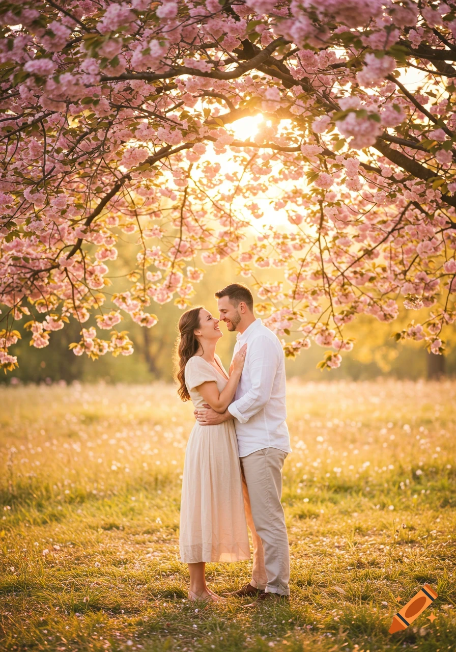A romantic couple embraces under a cherry blossom tree at sunset in a golden field.