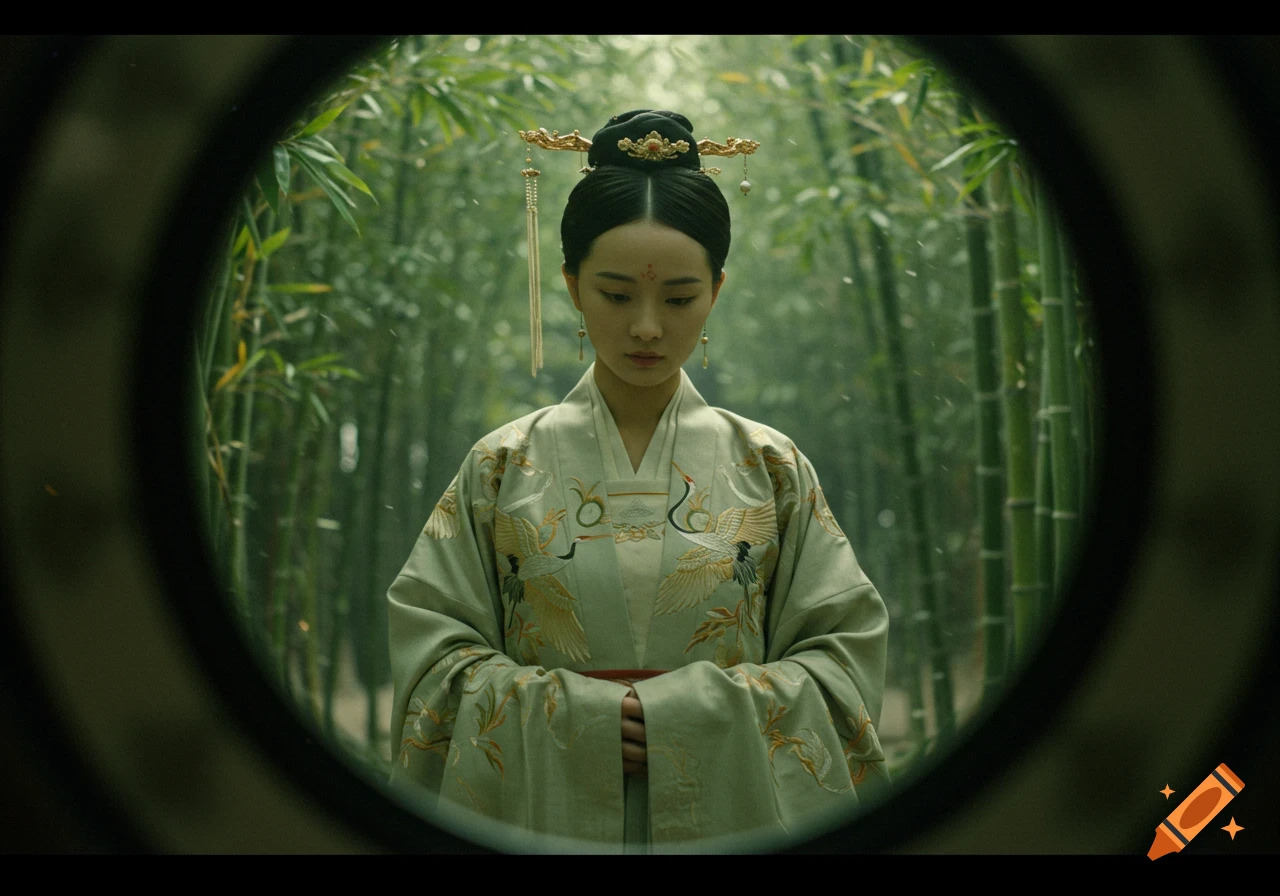 Young woman in a green Hanfu with crane embroidery, viewed through a circular frame in a bamboo forest.