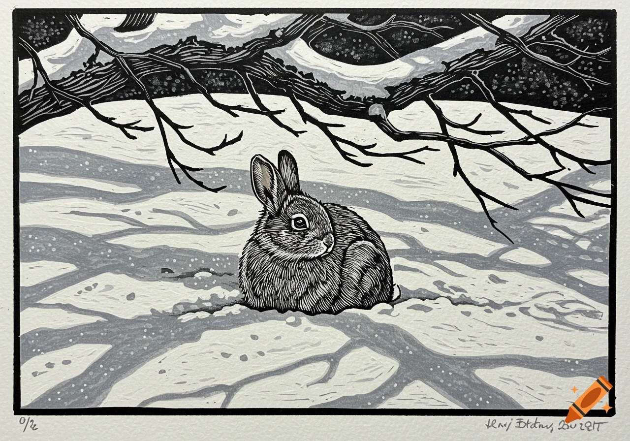 A linocut print of a rabbit sitting in the snow under tree branches.
