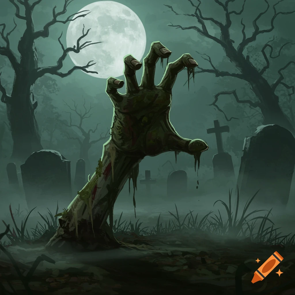 Stylized drawing of a zombie hand reaching out of the ground in a foggy graveyard under a bright full moon.