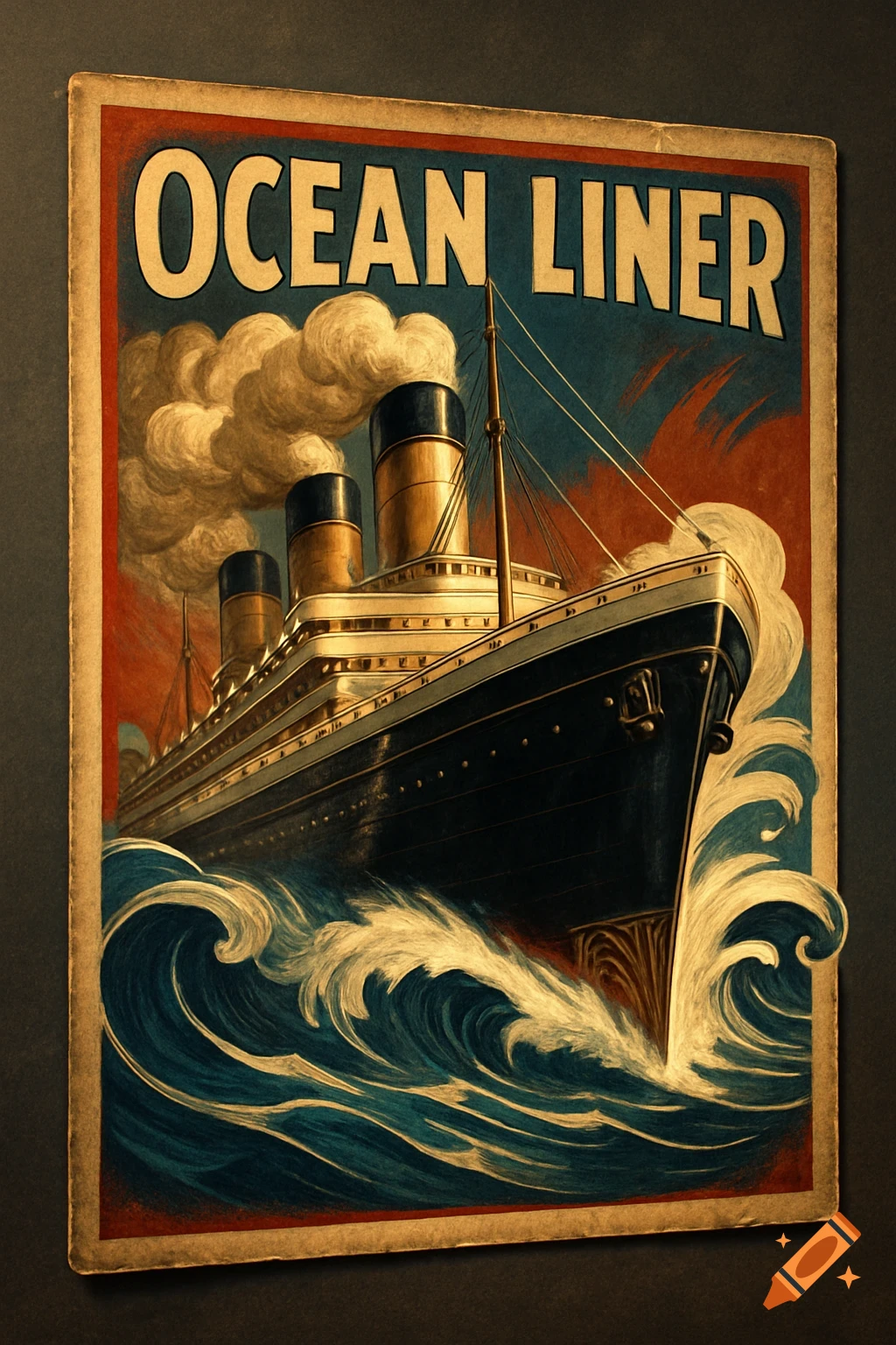 A vintage-style illustration of a large ocean liner breaking through a distressed poster with the words 'OCEAN LINER' at the top.