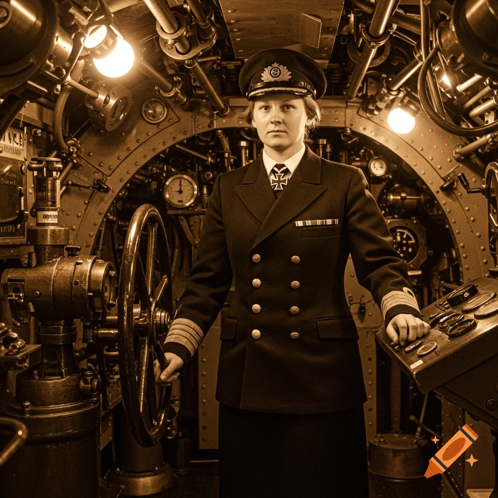 Sepia-toned photo of a woman in a German submarine captain's uniform standing in the control room of a submarine.
