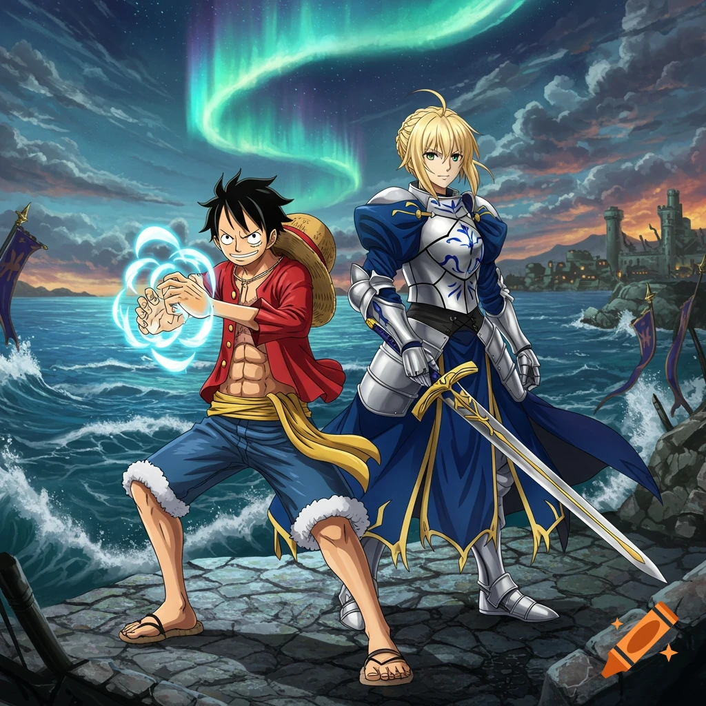 Anime characters Luffy and Saber stand on a rocky shore under an aurora sky, with a castle in the distance. Luffy has glowing fists, and Saber is in armor with a sword.
