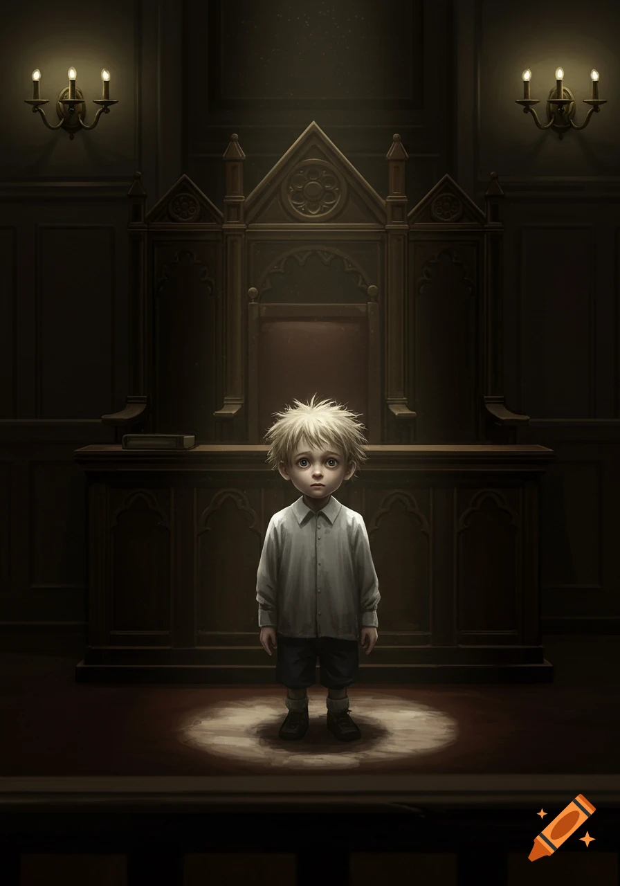 A sad young boy with messy blonde hair stands alone in a spotlight in a dark, empty courtroom.