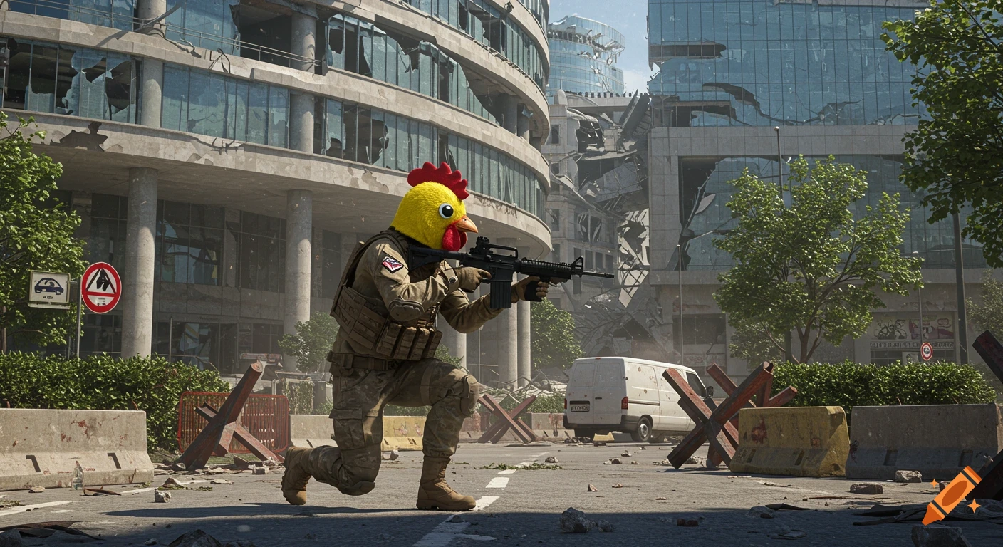 A soldier in military gear with a bright yellow chicken mask holding an M4 rifle in a destroyed city plaza. Photorealistic style.