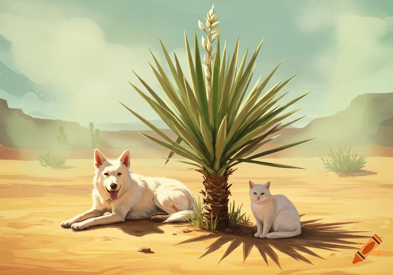 A white dog and a white cat rest beside a Yucca plant in a desert landscape.