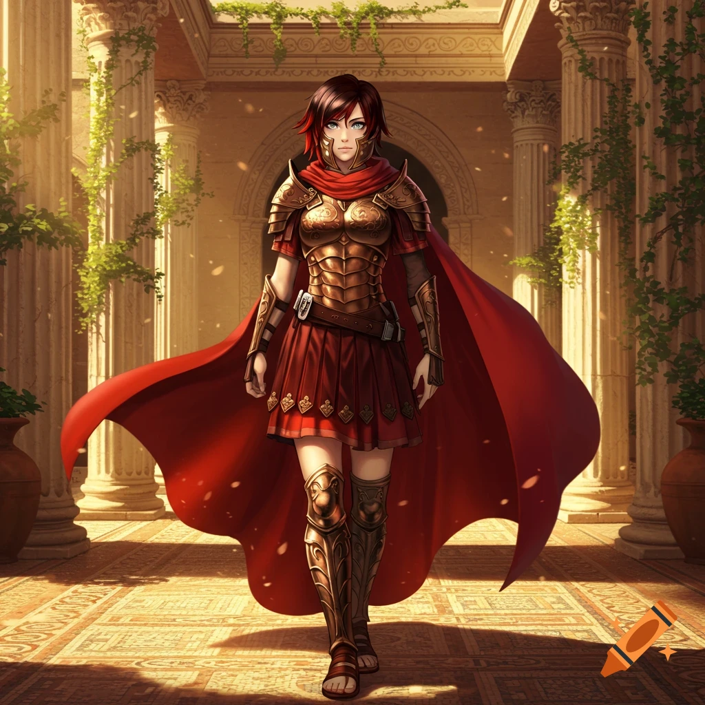 Anime-style woman in golden Roman legionary armor and red cape stands in a sunlit ancient ruin with pillars.