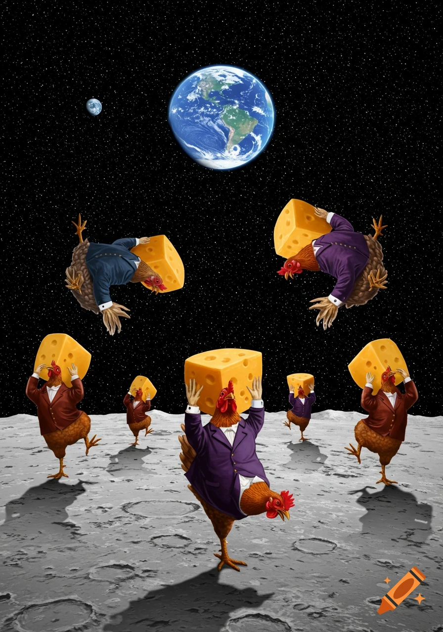 Chickens in suits on the moon, some backflipping in space, holding large blocks of cheese, with Earth visible in the background. Digital art style.