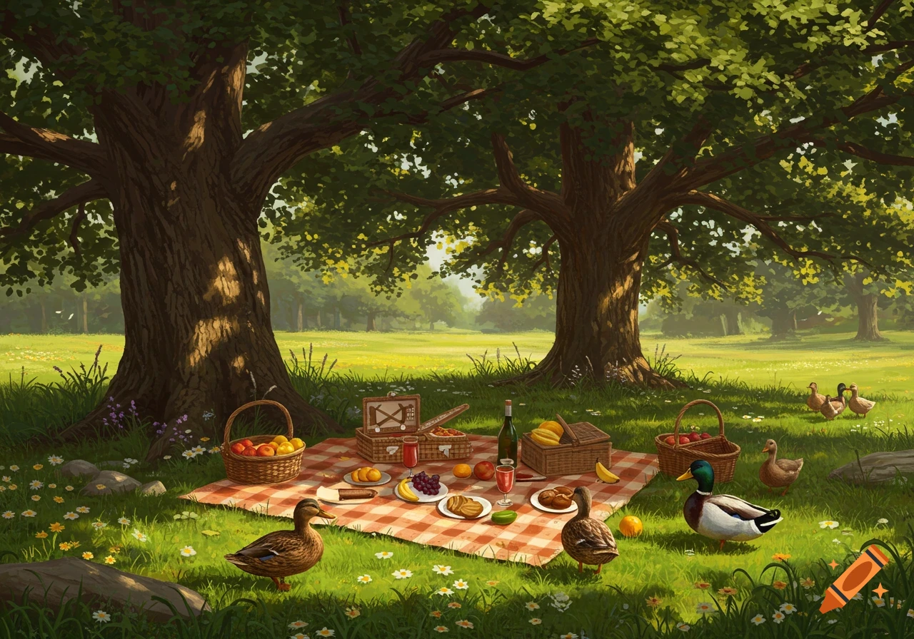 A serene picnic scene under two large trees in a grassy field, with a checkered blanket, food, and several ducks around.