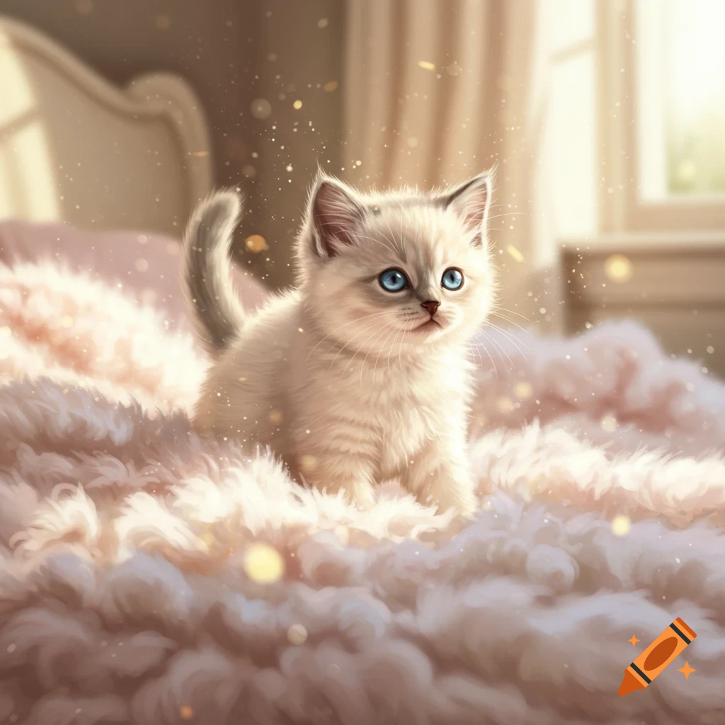 A fluffy white kitten with bright blue eyes sits on a pink, fluffy bed, surrounded by soft golden light and sparkles.