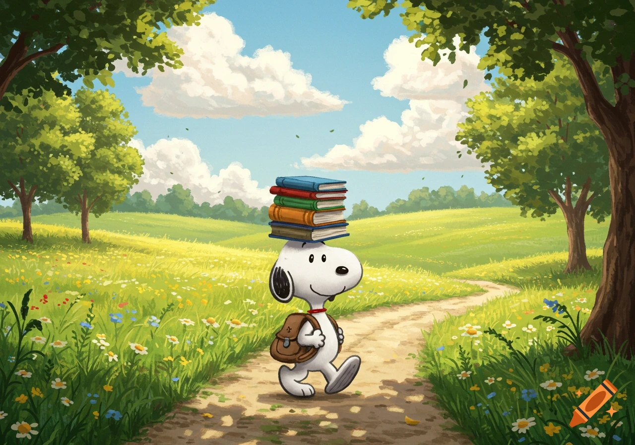 Cartoon illustration of Snoopy walking on a dirt path in a sunny green field with a stack of books on his head and a backpack.