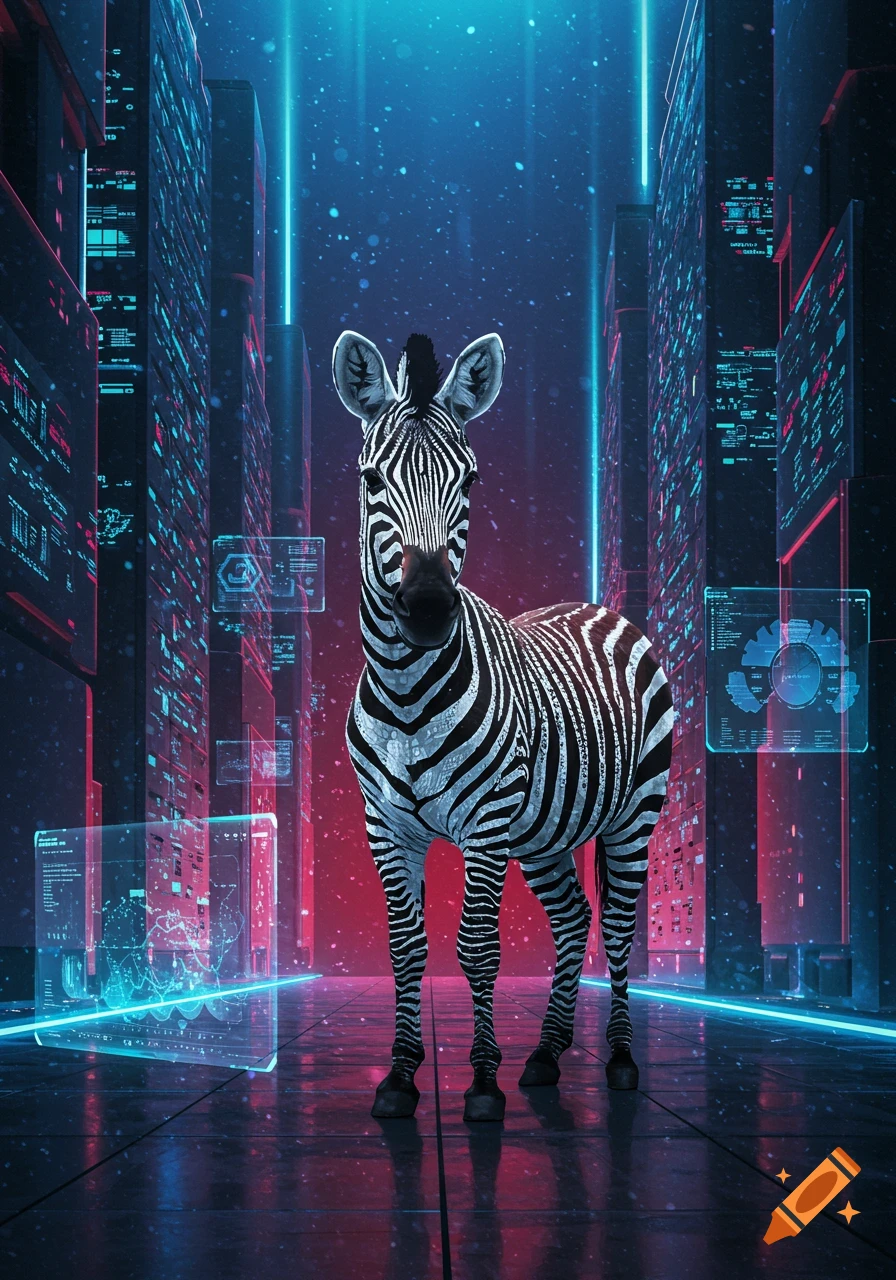 A zebra stands in a glowing, futuristic city street with neon light trails and digital screens on tall buildings.
