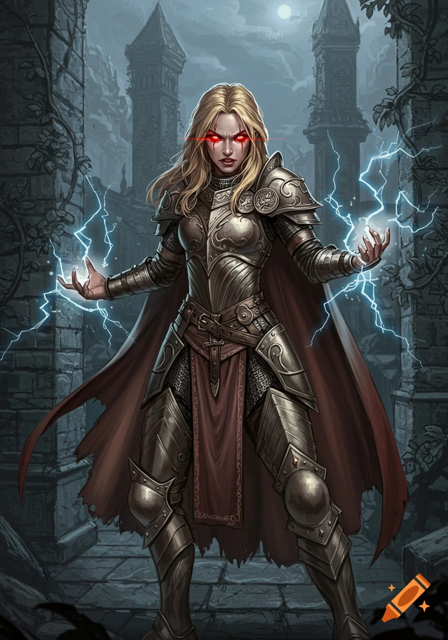 A powerful blonde woman in medieval armor with glowing red eyes conjures lightning in a ruined castle at night.