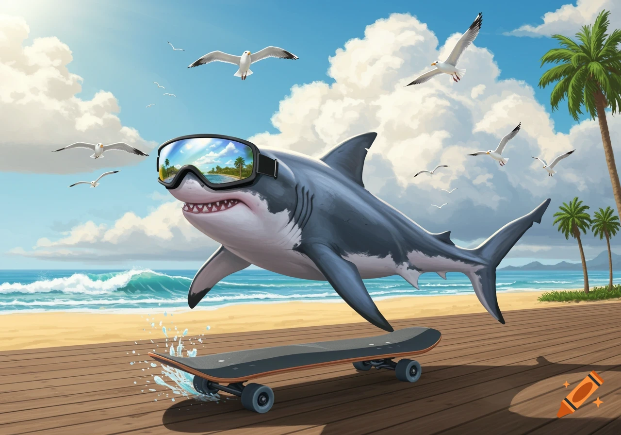 A cartoon shark wearing ski goggles rides a skateboard on a beach boardwalk under a sunny sky with seagulls and palm trees.