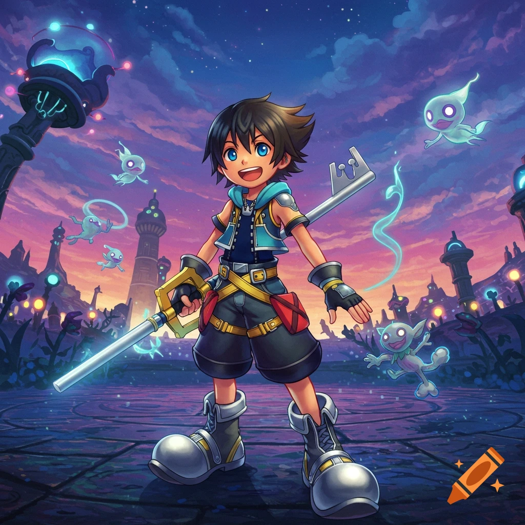 A young boy with spiky hair and blue eyes, dressed in a layered outfit, holds a large key-shaped sword. He stands in a fantastical landscape with glowing structures and small, ghost-like creatures floating around him under a vibrant sunset sky in the style of Kingdom Hearts.