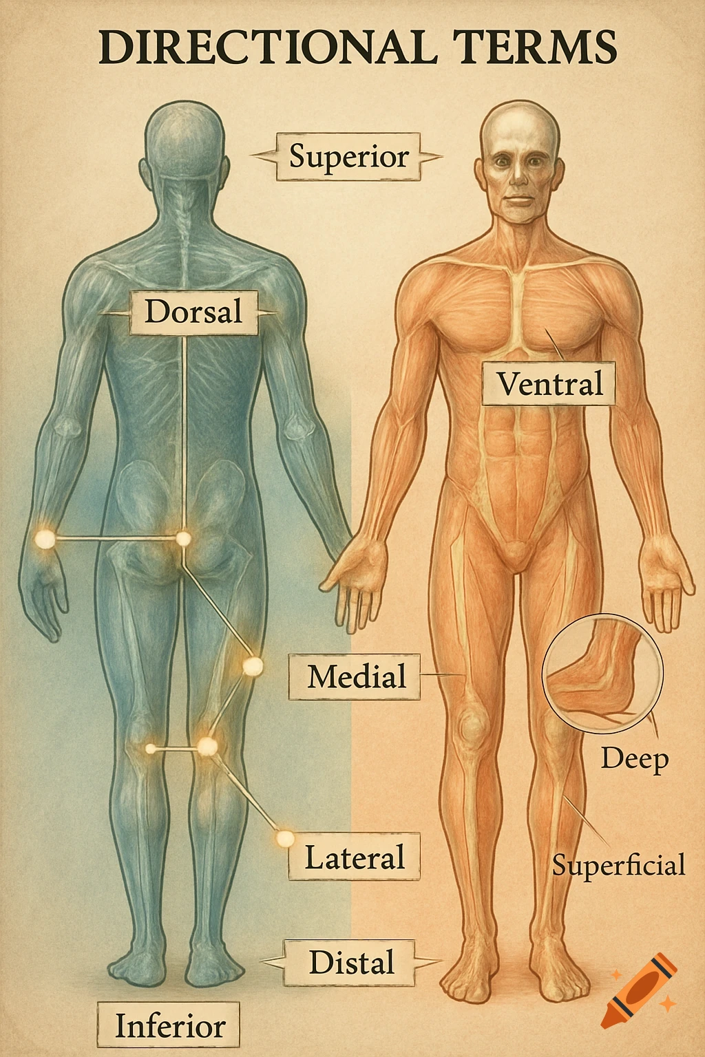 An anatomical diagram showing front and back views of a human body labeled with directional terms such as Superior, Dorsal, Ventral, and Medial.