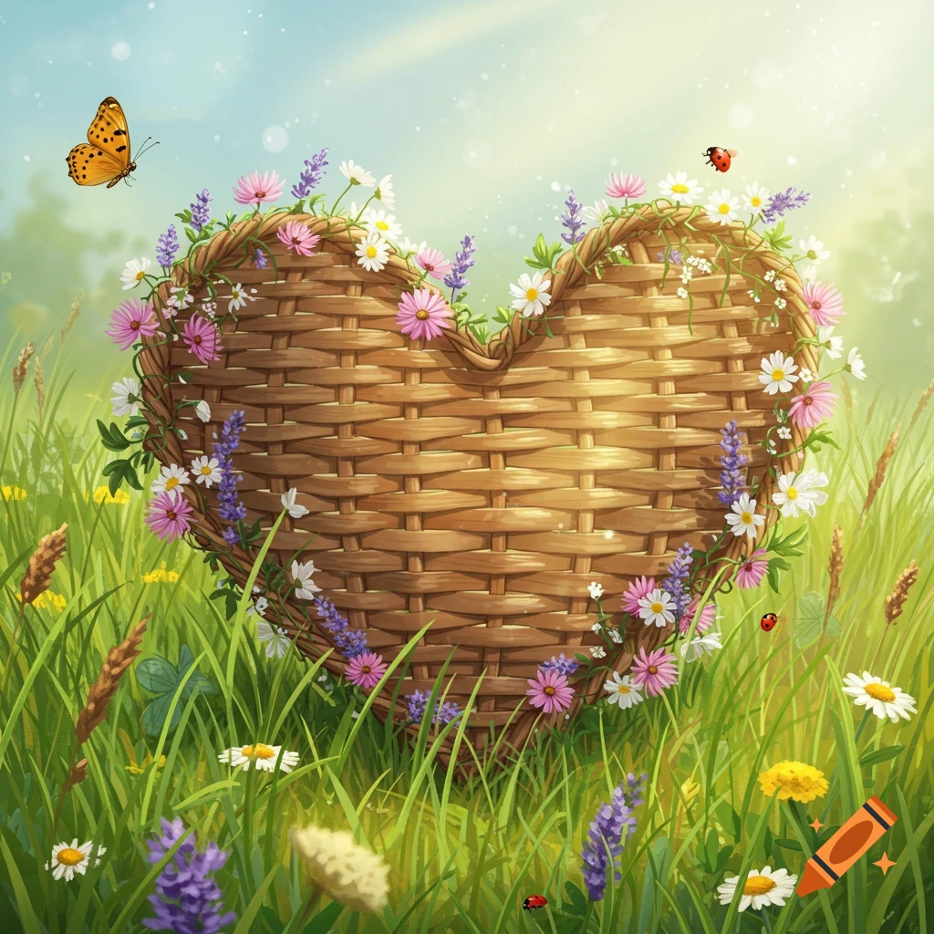 A heart-shaped wicker basket covered in colorful flowers sits in a sunny green field with butterflies and ladybugs.
