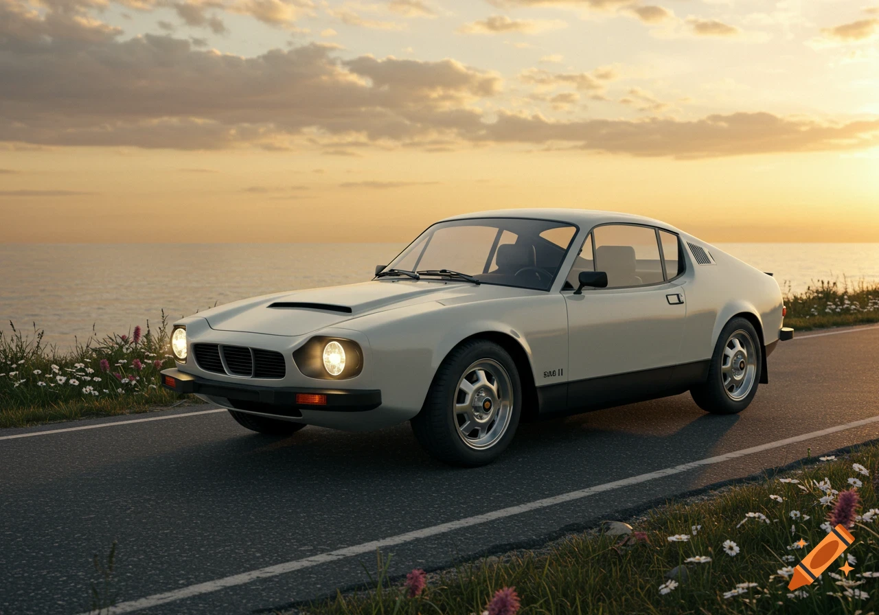 A white classic car on a coastal road at sunset.