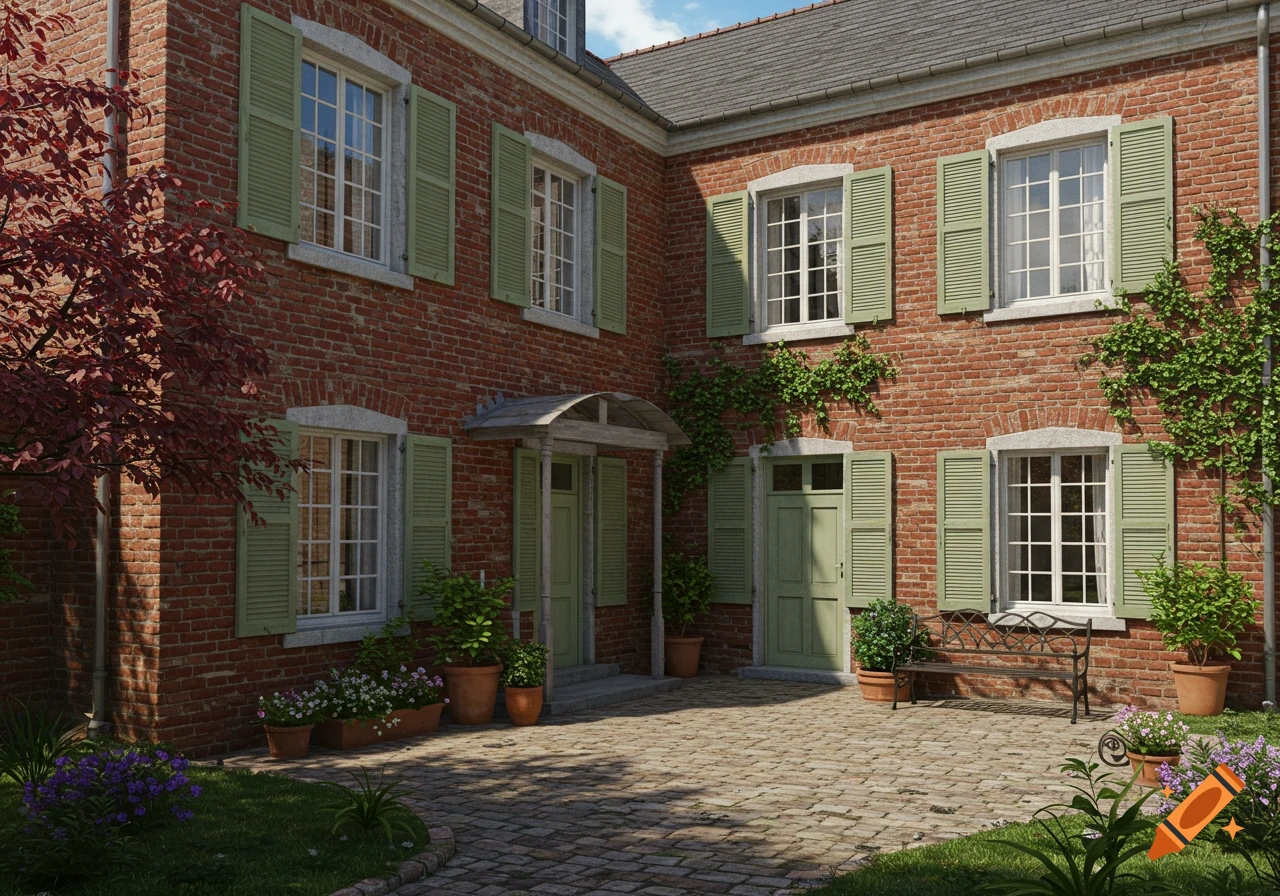 Photorealistic image of a red brick house with sage green shutters, white windows, a brick patio, and lush garden plants.