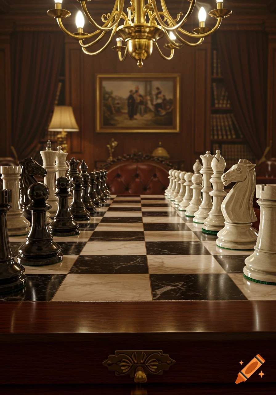 A photorealistic chess set on a marble board in an elegant, dimly lit study with a chandelier and bookshelves.
