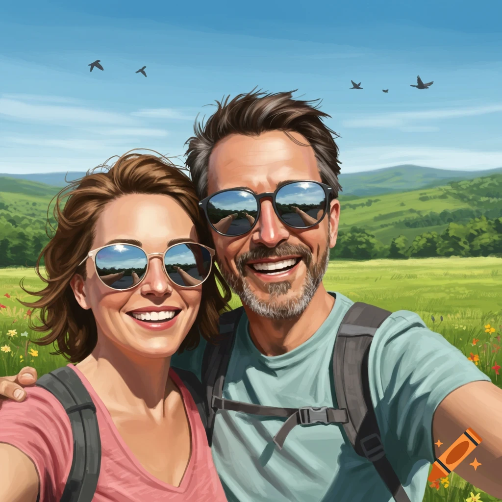 Smiling man and woman wearing sunglasses and backpacks take a selfie outdoors on a sunny day with green hills in the background. Digital art style.