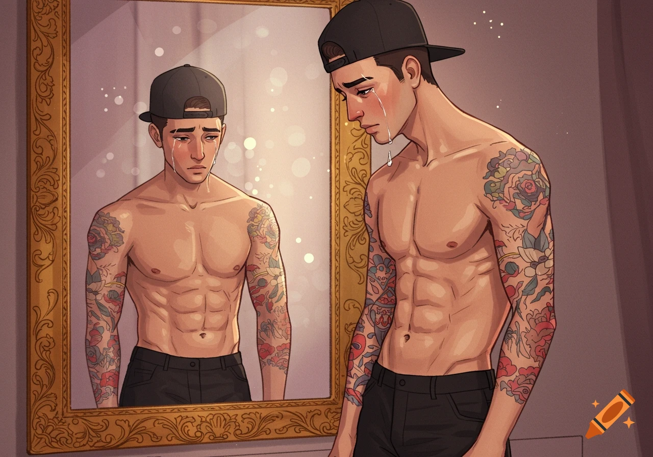 Cartoon of a shirtless young man with a fit body, wearing black pants and a brimmed cap, crying in front of a mirror, with tattooed arms.
