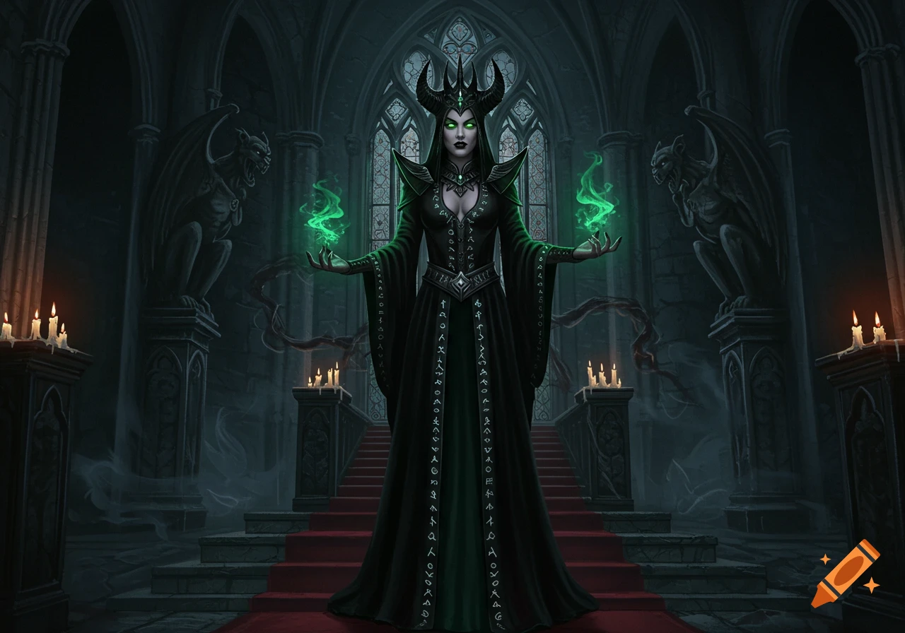 A dark sorceress with glowing green eyes and magic in her hands stands in a grand, ominous gothic throne room with gargoyles and candles.