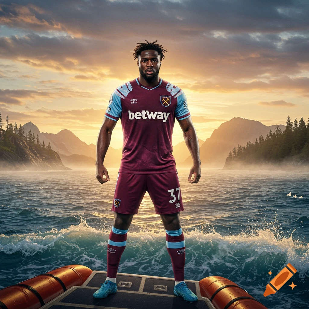 Photorealistic image of a soccer player in a West Ham uniform standing on a boat in a bay with mountains at sunset.