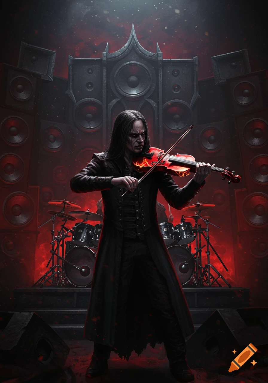 A long-haired musician in a trench coat plays a flaming red violin on a dark, red-lit stage with large speakers and a drum kit.