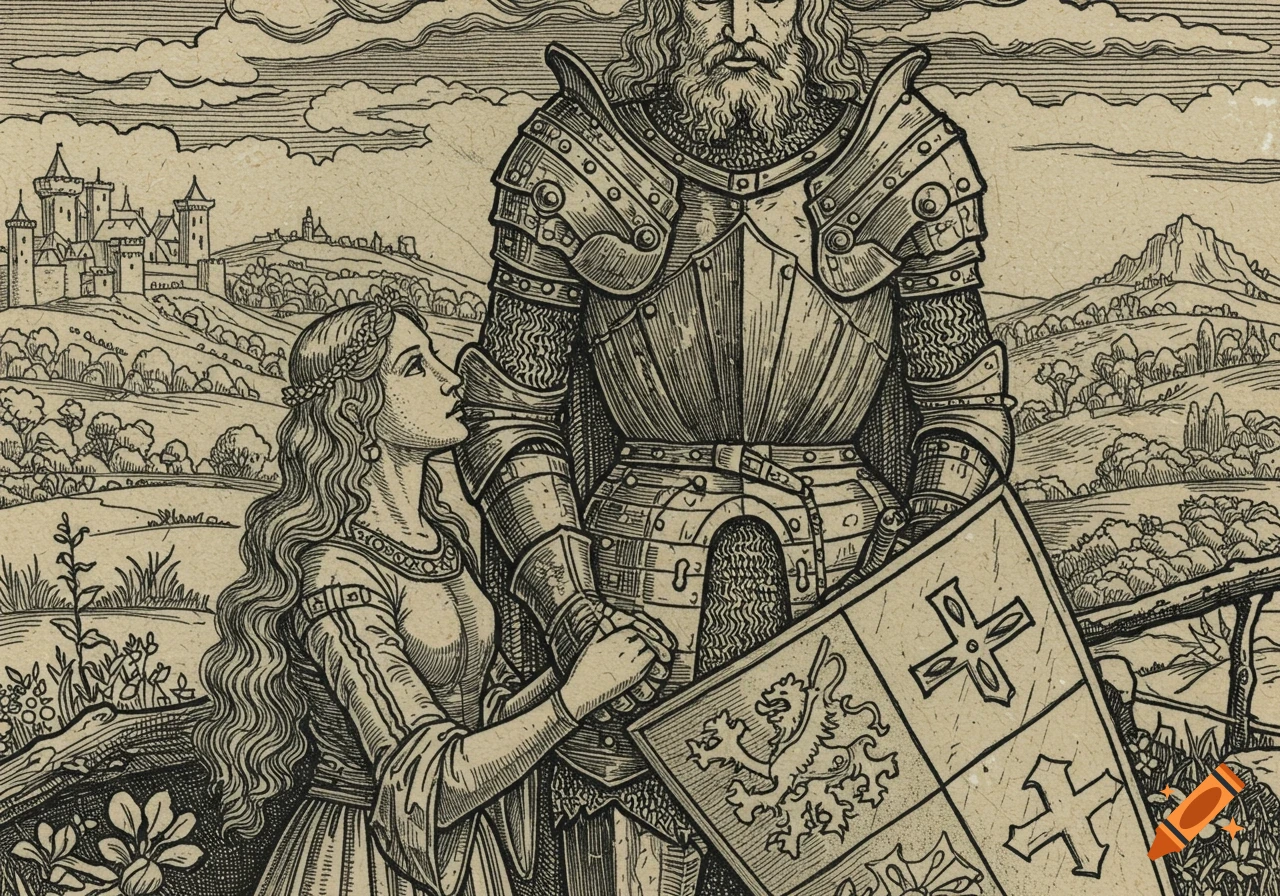 Woodcut illustration of a knight and a woman holding hands, with a castle and landscape in the background.