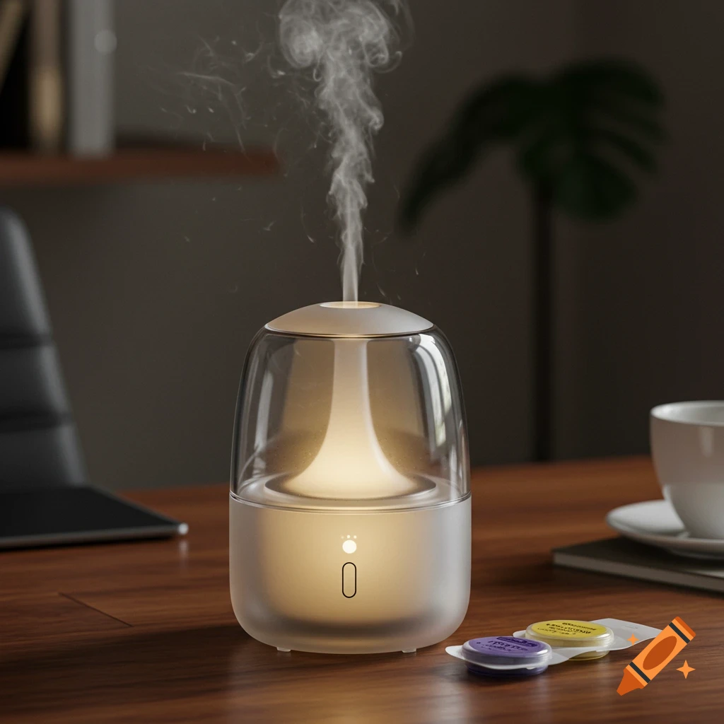 A modern, glowing white and clear humidifier releasing a plume of mist on a wooden desk, next to small scent pods and a coffee cup.