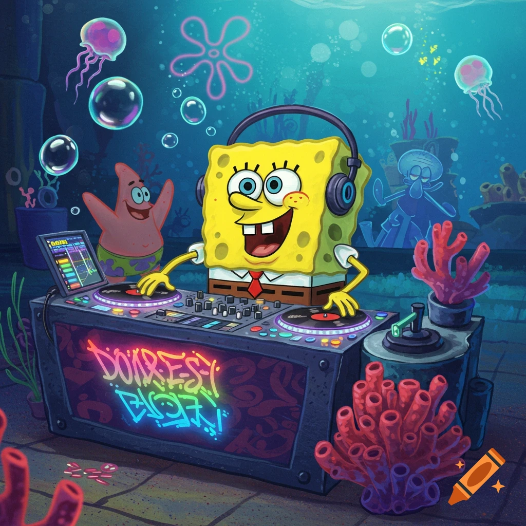 Spongebob Squarepants wearing headphones and DJing on a large console underwater, with Patrick Star in the background.