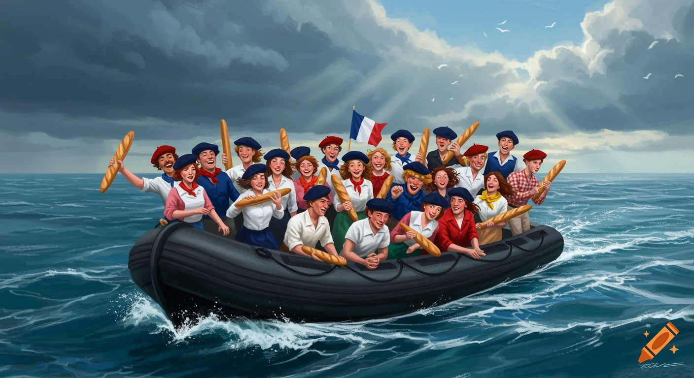 An illustration of many people in berets and traditional French clothing in a dinghy on the sea, holding baguettes, with a French flag.