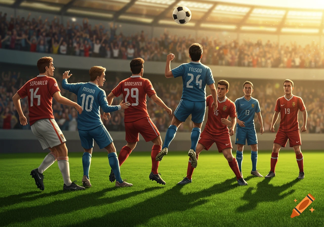 Photorealistic image of soccer players on a field in a stadium, with one player heading a ball.
