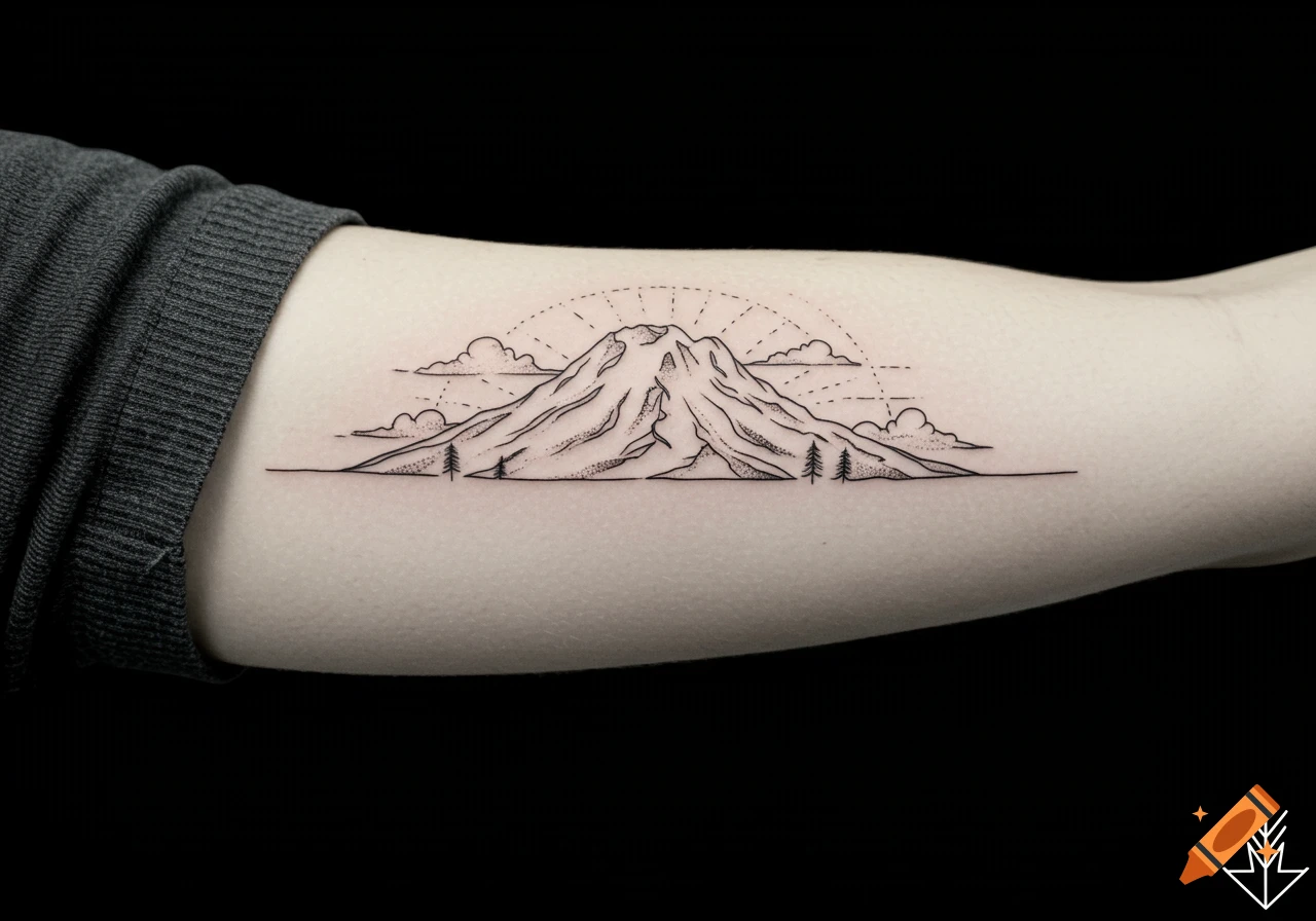 Black and white line art tattoo of a mountain with trees, sun rays, and clouds on an arm.