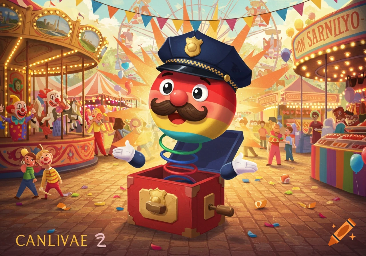A colorful rainbow jack-in-the-box in a police hat and mustache at a vibrant carnival with rides and people.