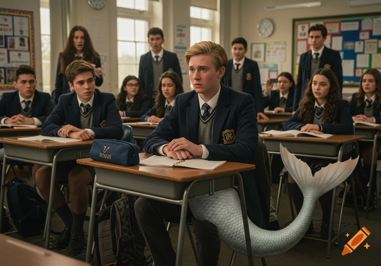 Photorealistic scene of an embarrassed merman student in a high school classroom, surrounded by gawking, phone-wielding classmates.