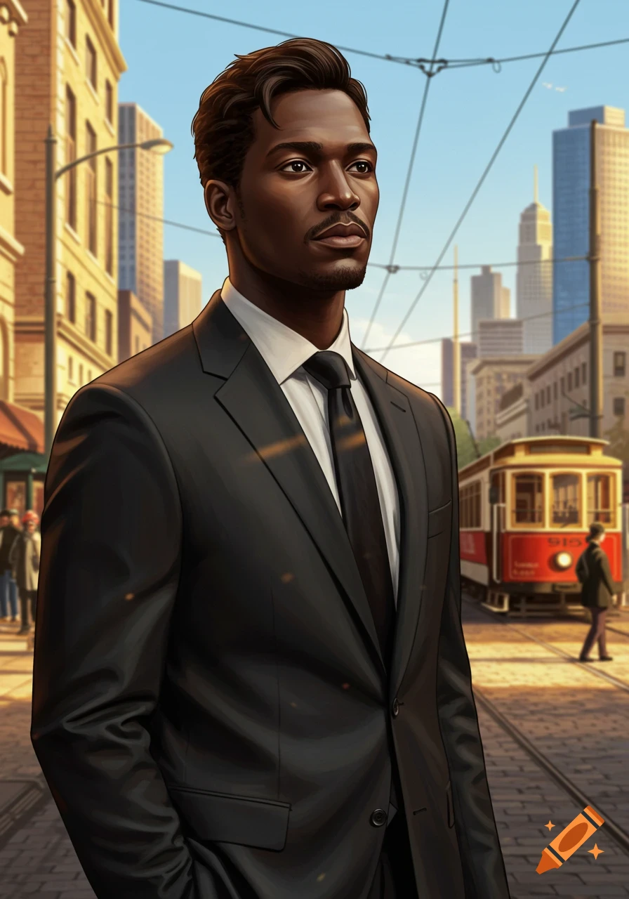 A stylish man in a black suit stands on a city street with a red tram and buildings in the background.