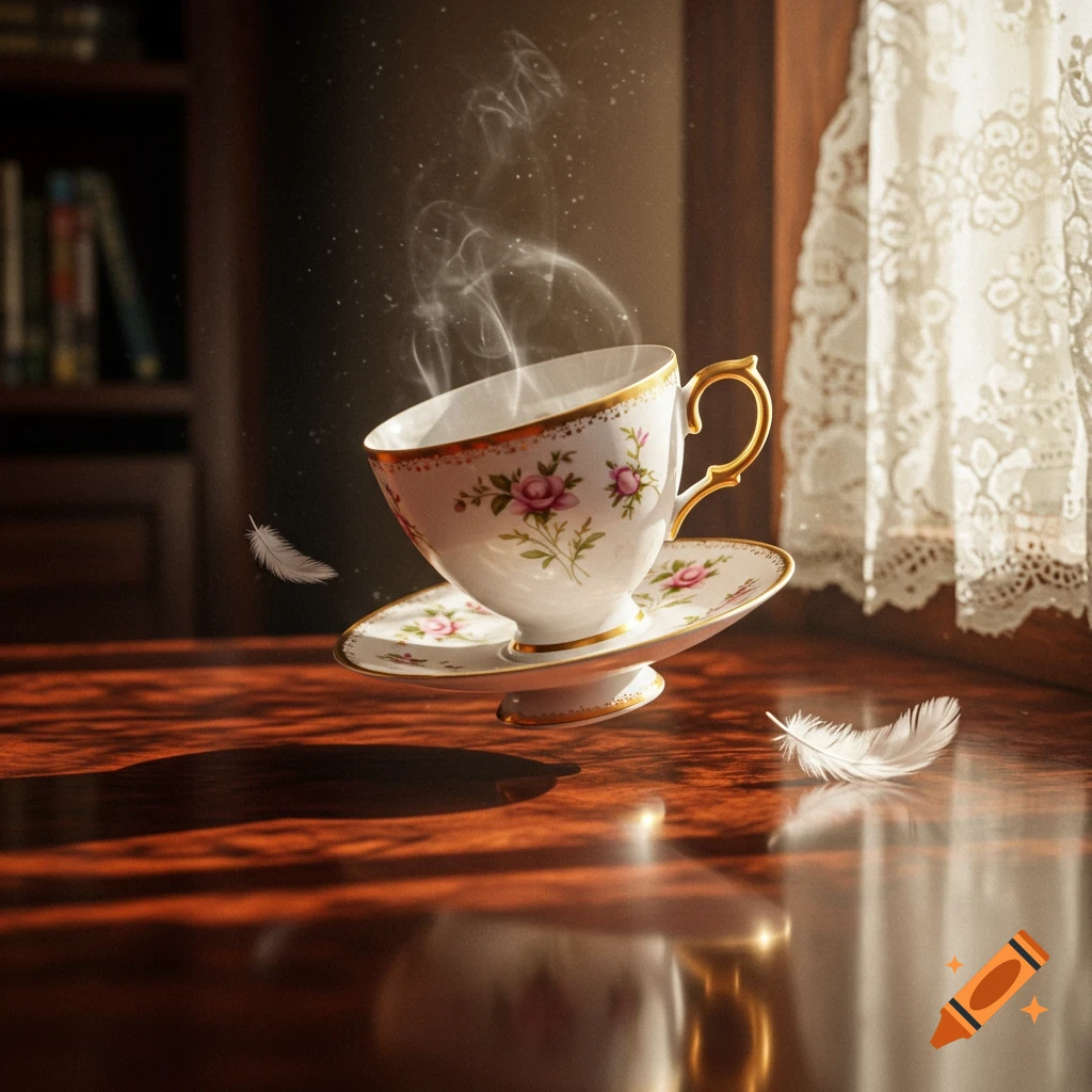A vintage floral teacup and saucer levitate above a shiny wooden table, with steam rising and white feathers floating in a sunlit room.