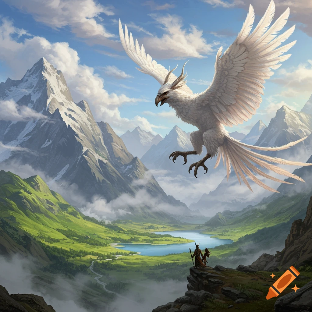 A majestic white Roc or griffin with outstretched wings flies over a vast mountain valley with a lake, while a small figure stands on a cliff below.