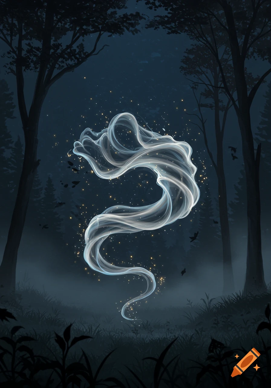 A glowing, swirling smoke creature floats in a dark, misty forest with sparkling lights, in a fantastical art style.