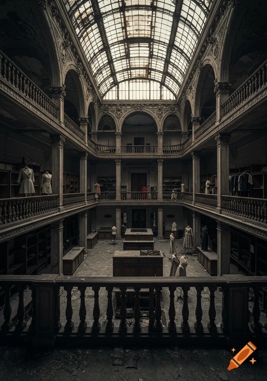 A grand, decaying multi-story abandoned department store with a glass ceiling, featuring dusty mannequins and empty clothing displays.