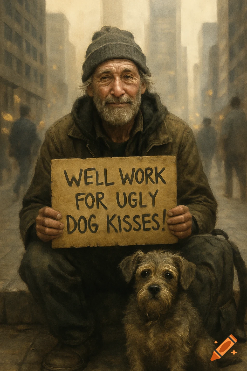 A photorealistic image of a homeless man with a beard and beanie, holding a sign, sitting with a small dog on a city street.