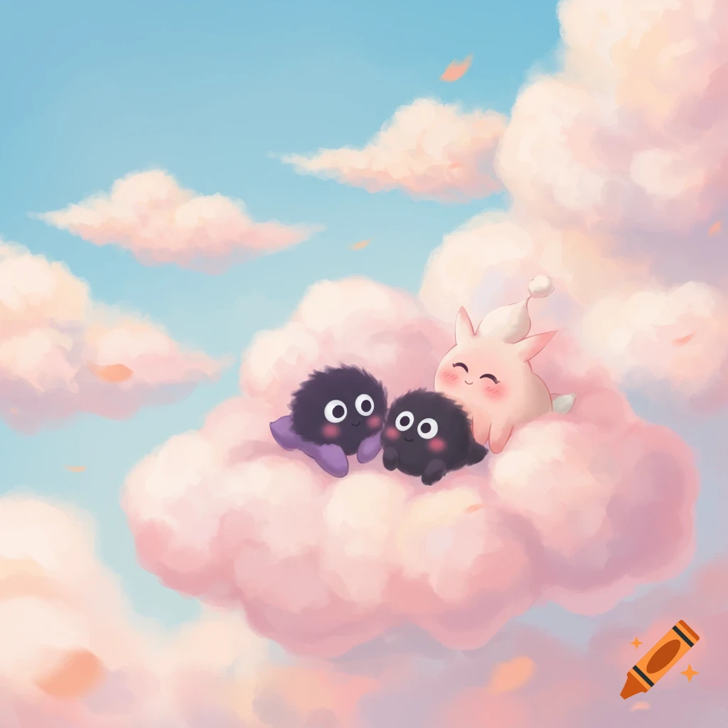 Two black soot sprites and a pink creature sitting on a fluffy pink cloud in a pastel blue sky, anime style.