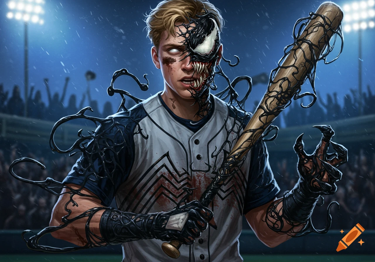 A young male baseball player transforms into the Venom symbiote, holding a bat in a rainy stadium.